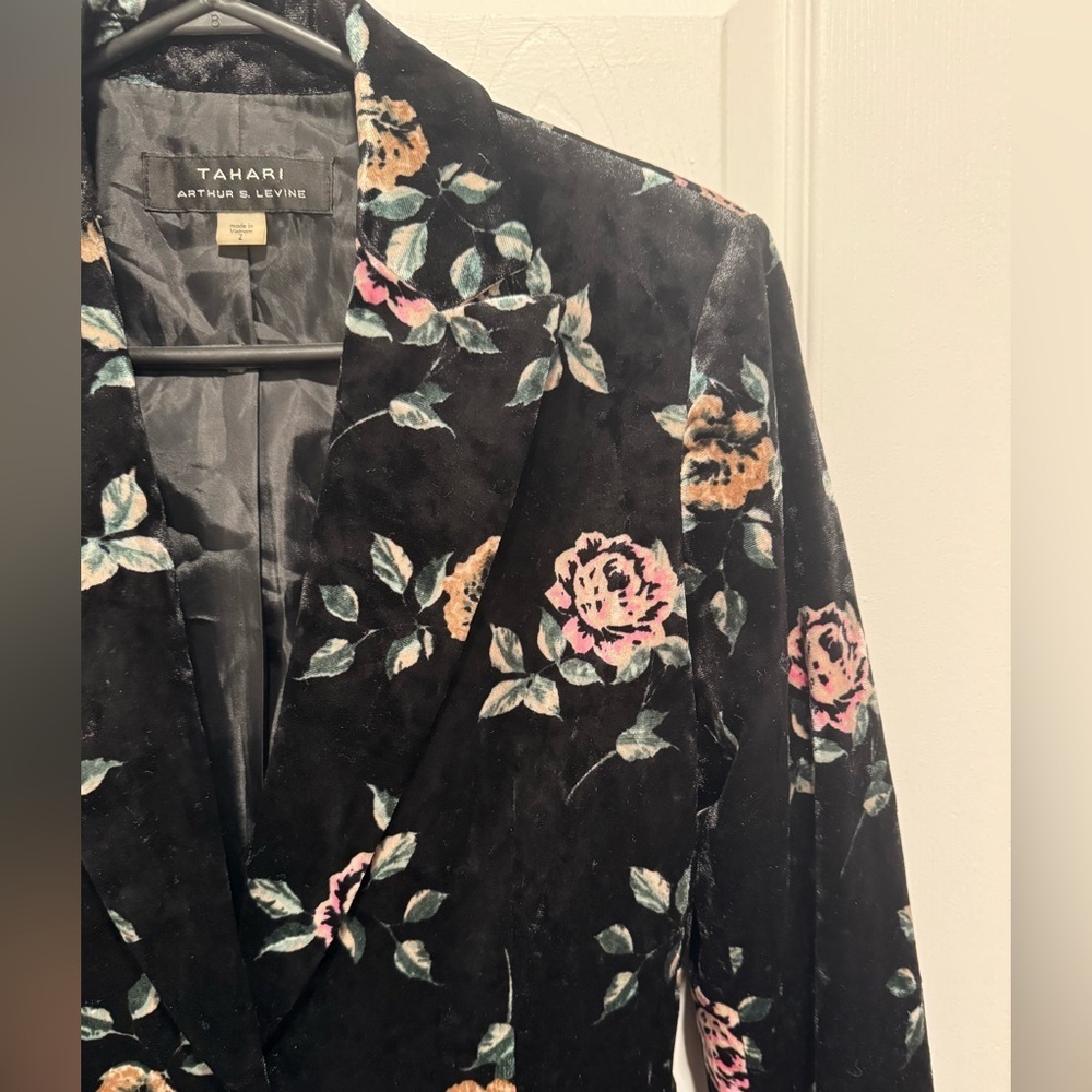 Tahari Arthur Levine Velvet Jacket Blazer Floral Rose party office fitted boho 2